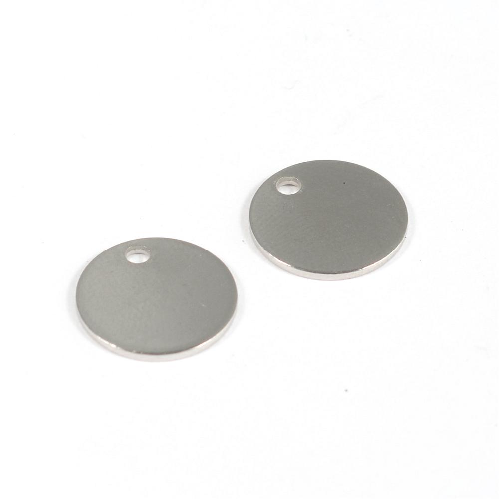 PandaHall 304 Stainless Steel Charms, Flat Round, Tag Charms, Stainless Steel Color, 12x1mm, Hole: 2mm Stainless Steel Flat Round