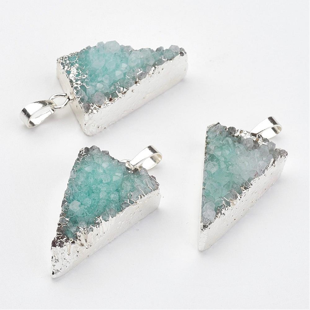 PandaHall Natural Druzy Quartz Pendants, Dyed, with Brass Findings, Triangle, Platinum, 34x20.5x13mm, Hole: 5x8mm Quartz Triangle