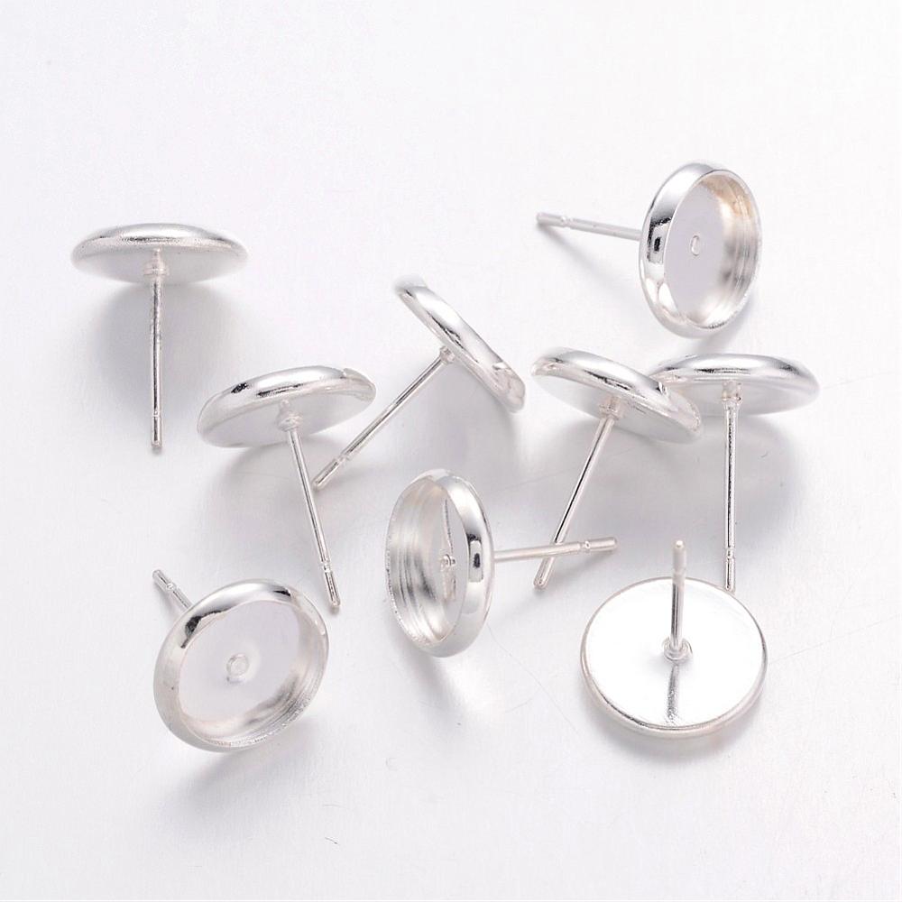 PandaHall Silver Metal Color Brass Earring Settings, about 10mm wide, 12mm long, Tray: 8mm, Pin: 1mm Brass