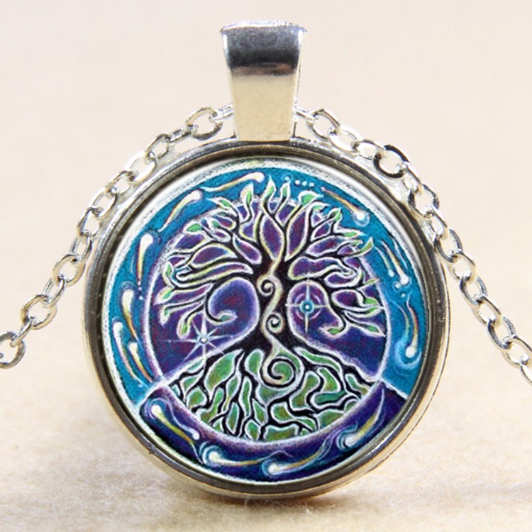 PandaHall Flat Round with Mandala Tree Glass Alloy Pendant Necklaces, Silver, 17.7" Glass