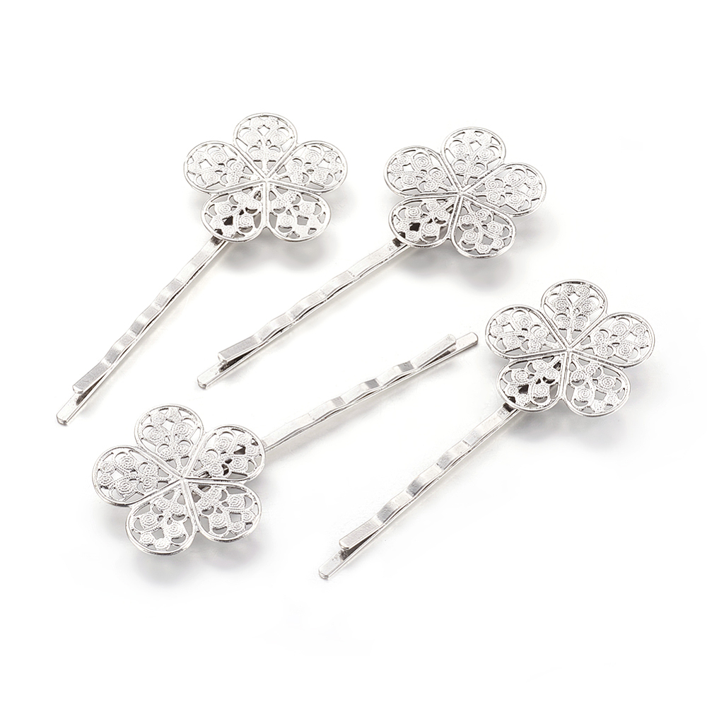 PandaHall Iron Hair Bobby Pin Findings,  Flower, Antique Silver, 68x27x5mm Iron