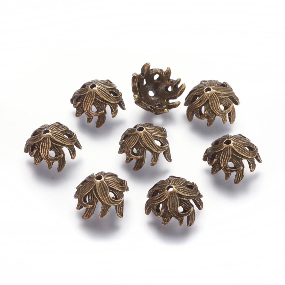 PandaHall Tibetan Style Bead Caps, Lead Free and Nickel Free, Flower, Antique Bronze, 10x15x15mm, Hole: 2mm Alloy