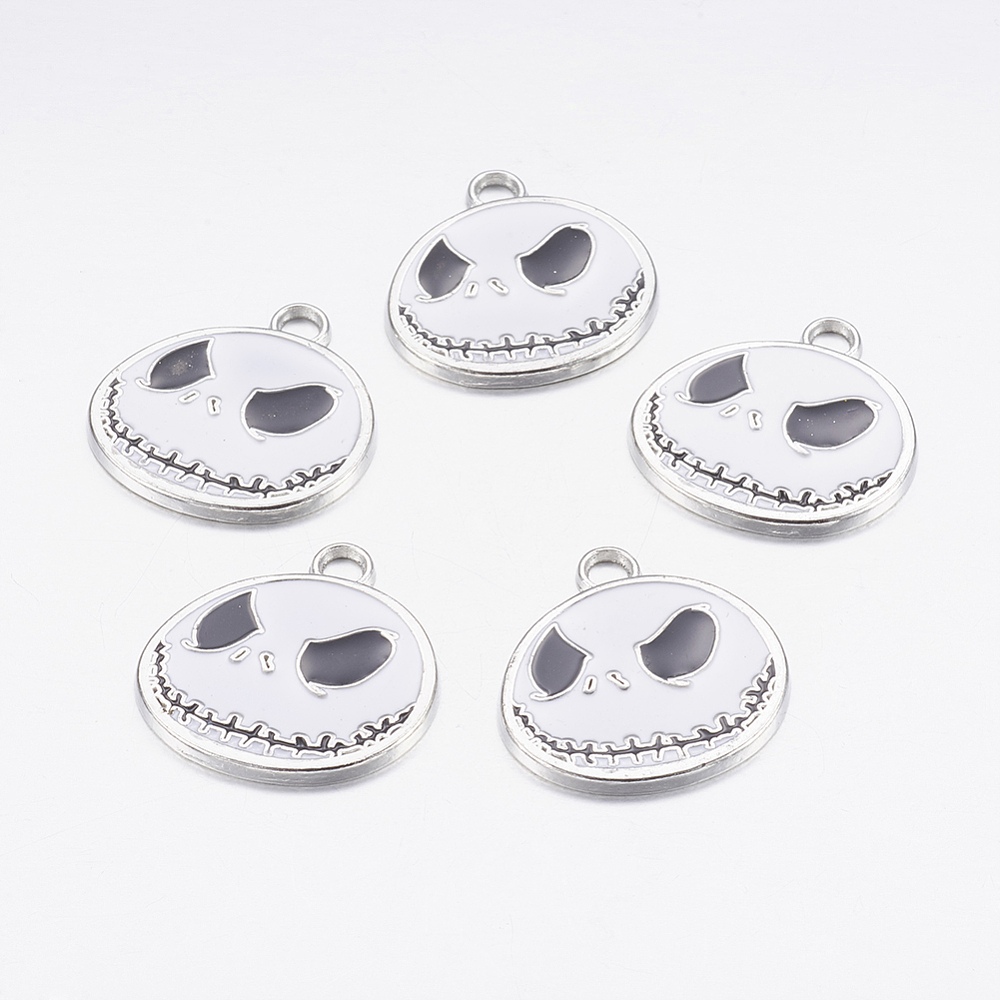 PandaHall White Color Platinum Plated Alloy Enamel Flat Round with Skull Face Pendants, 25x25x2mm, Hole: 3mm Alloy+Enamel Flat Round White
