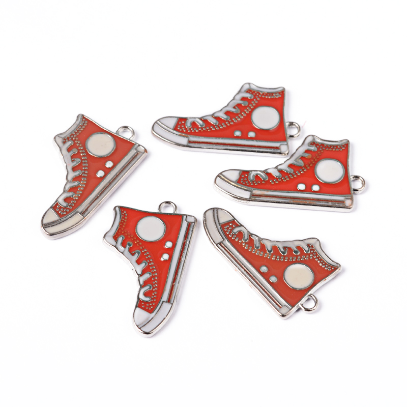 PandaHall Alloy Enamel Pendants, Lead Free and Cadmium Free, Shoes, Platinum Metal Color, Red, 17x30x2mm, Hole: 1.5mm Alloy+Enamel Shoes Red