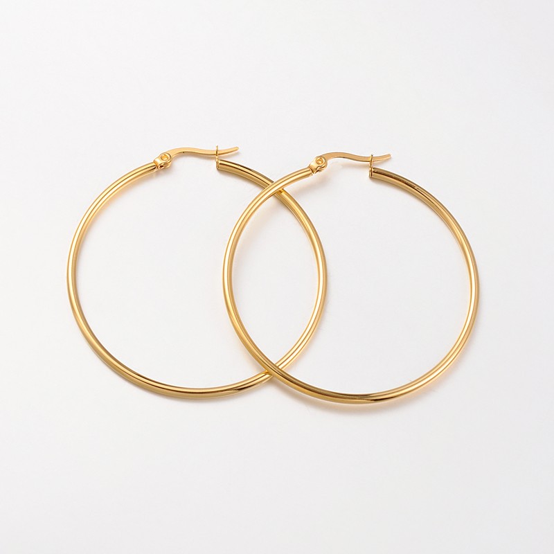 PandaHall Ring 304 Stainless Steel Hoop Earrings, Golden, 50x2mm; Pin: 1x0.7mm Stainless Steel