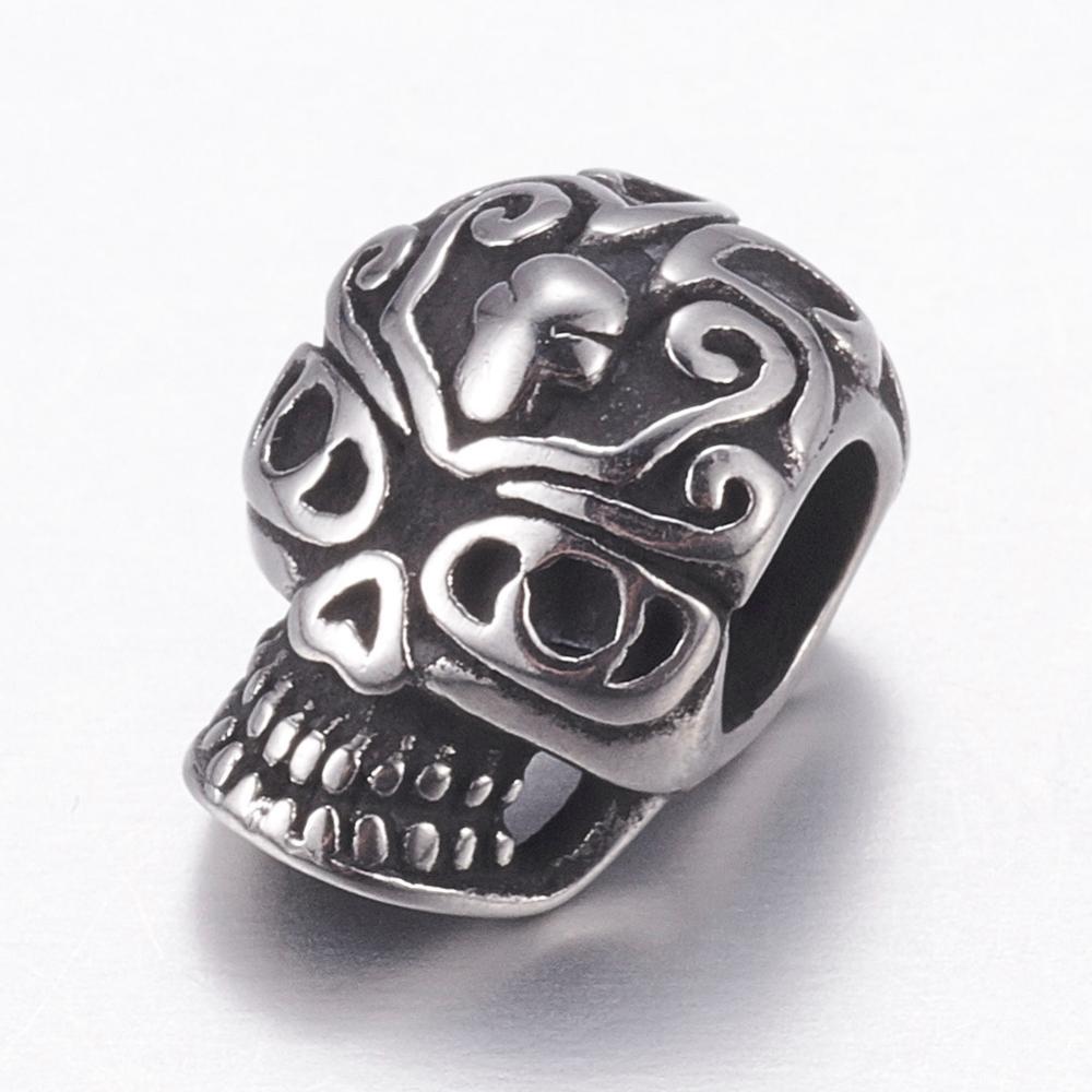 PandaHall 304 Stainless Steel European Beads, Large Hole Beads, Skull, Antique Silver, 12x8x9mm, Hole: 4mm Stainless Steel Skull