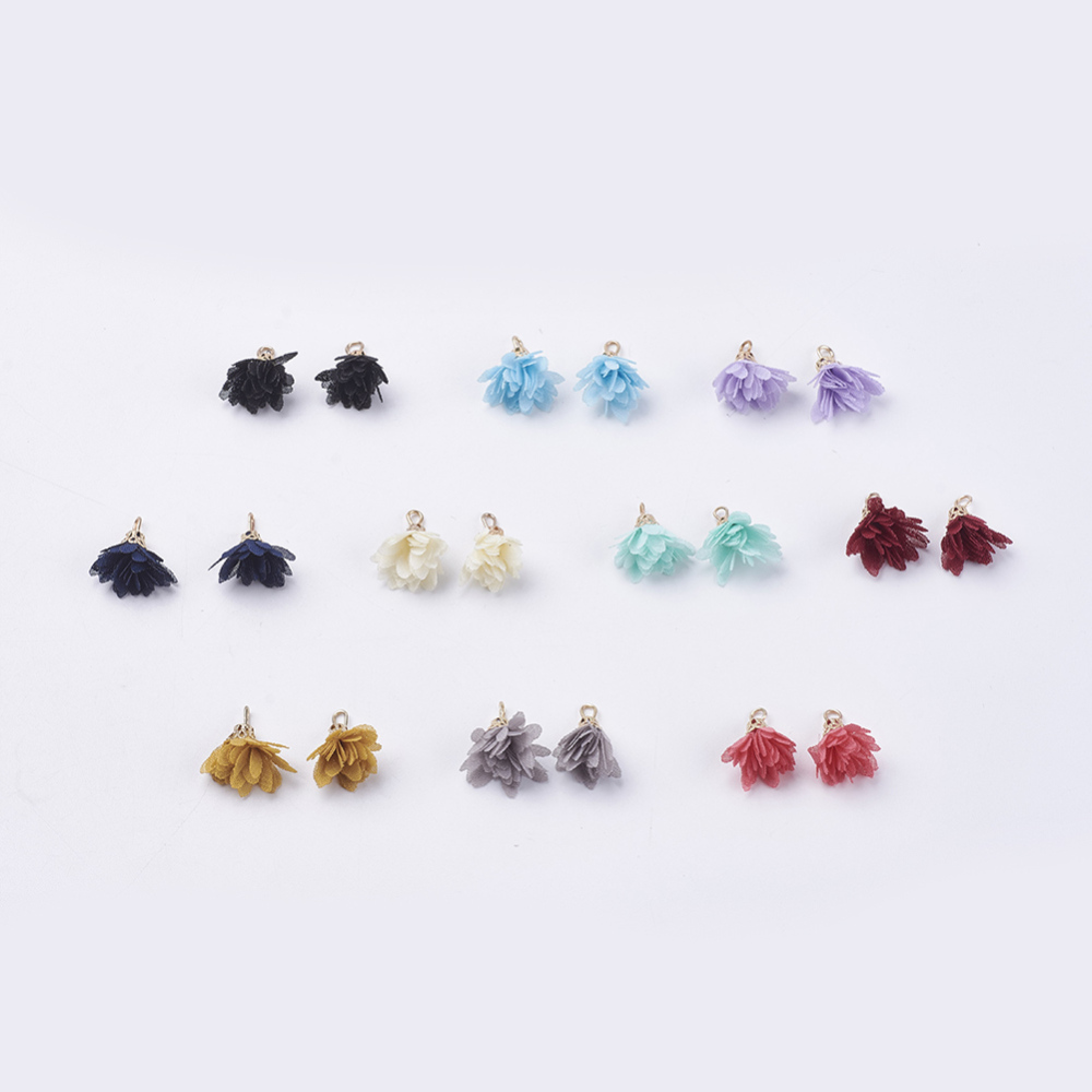 PandaHall Nylon Pendant Decorations, with Iron Findings, Flower, Light Gold, Mixed Color, 19~20x15mm, Hole: 2mm Nylon Flower Multicolor