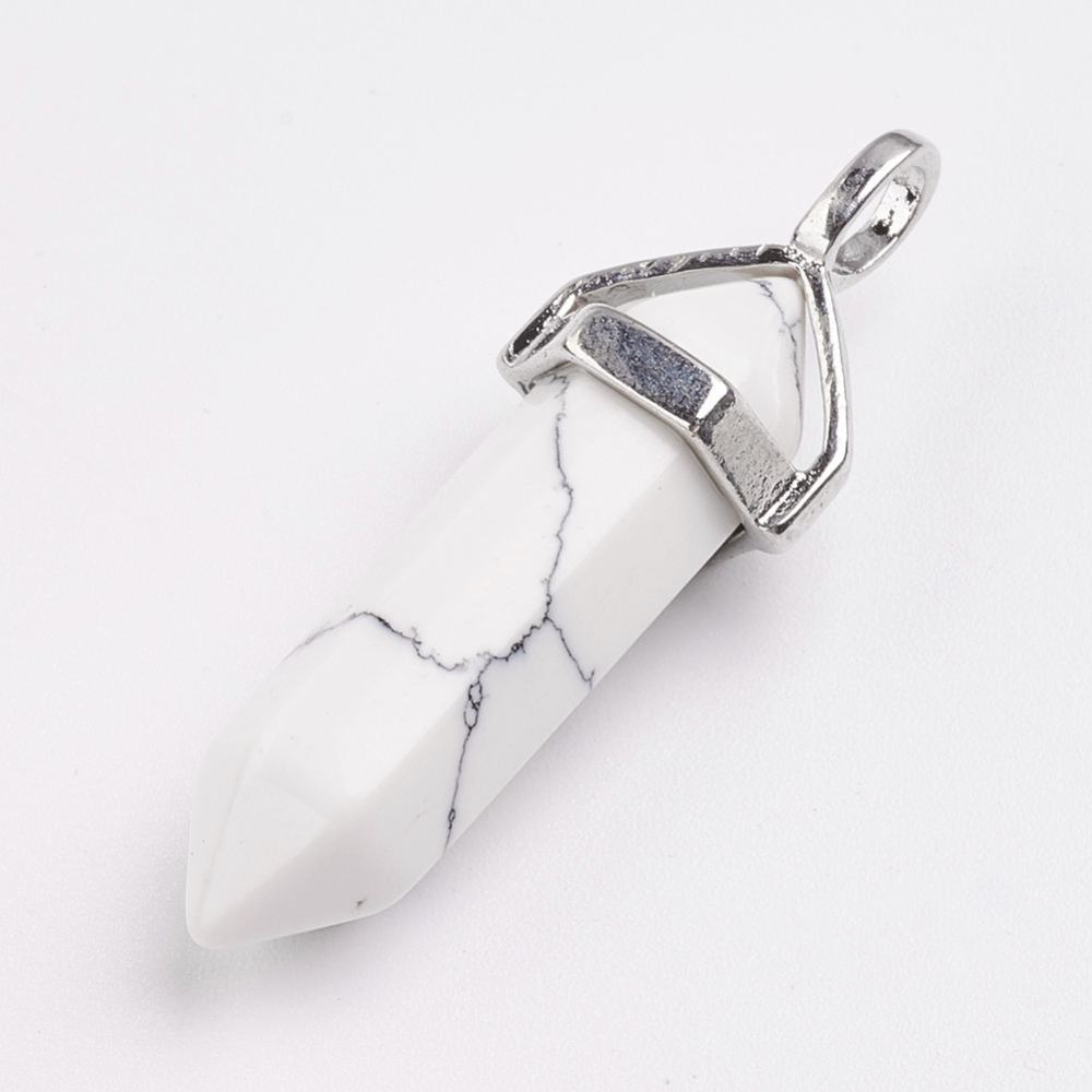 PandaHall Synthetic Howlite Pendants, with Platinum Tone Brass Findings, Bullet, 40~43x12~13x10~10.5mm, Hole: 4x5mm Howlite Bullet