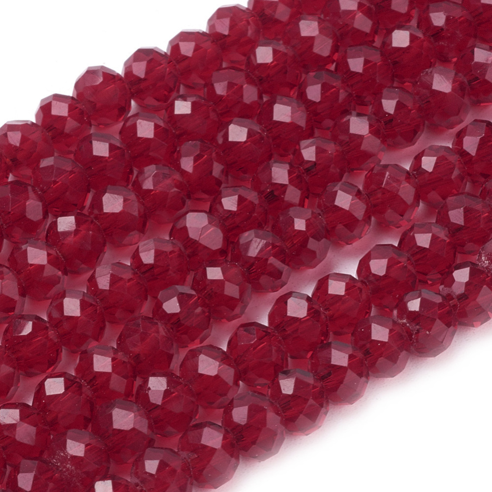 PandaHall Transparent Glass Bead Strands, Faceted, Rondelle, DarkRed, 6x4mm, Hole: 1mm; about 101pcs/strand, 18.5" Glass Rondelle Red