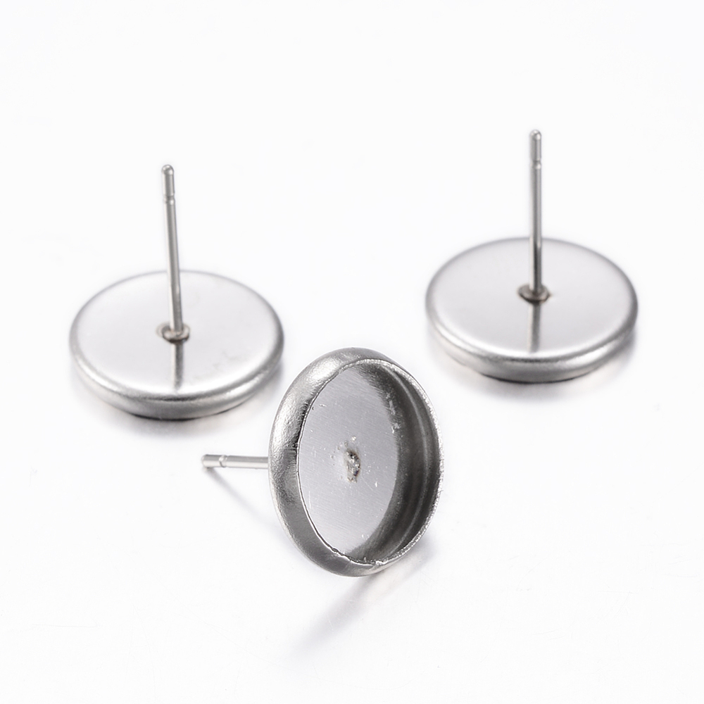 PandaHall 304 Stainless Steel Stud Earring Settings, Flat Round, Stainless Steel Color, Tray: 10mm; 12mm, Pin: 0.8mm Stainless Steel