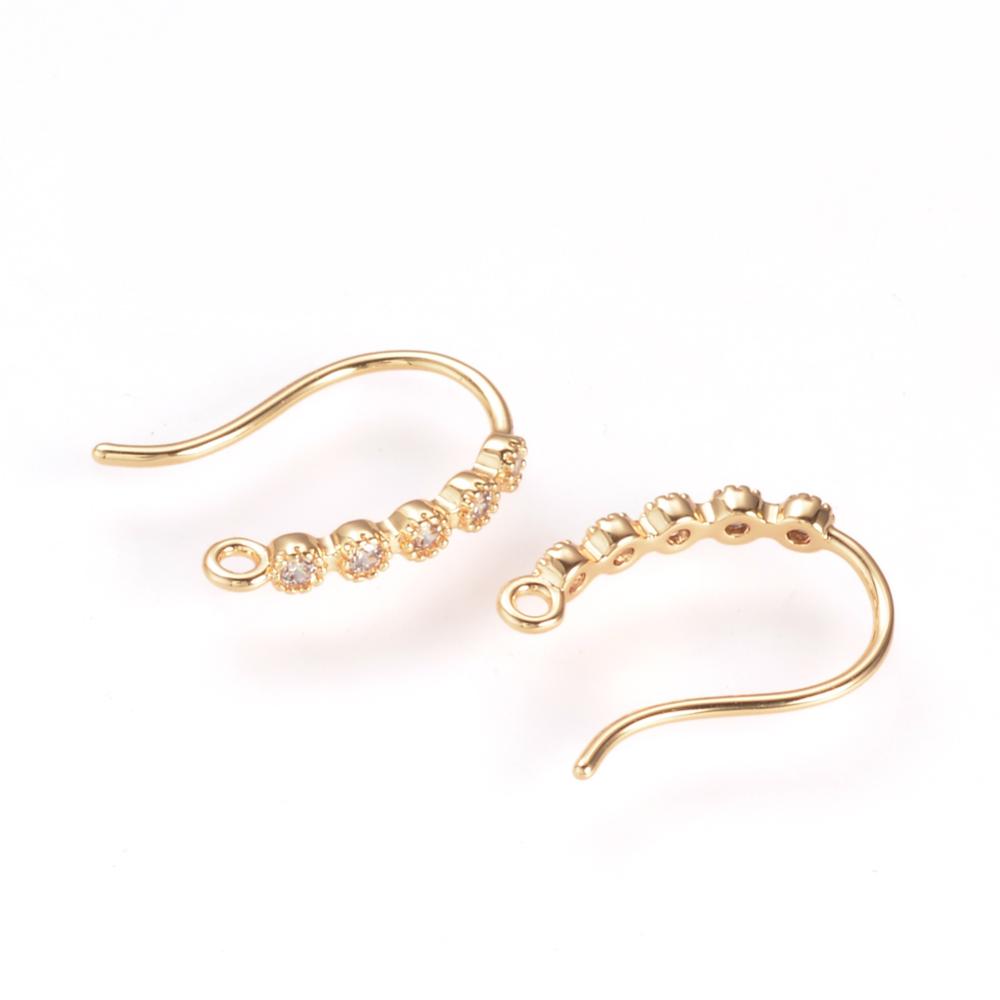 PandaHall Brass Rhinestone Earring Hooks, Real Gold Plated, 15x10x2mm, Hole: 1mm; Pin: 0.8mm Brass