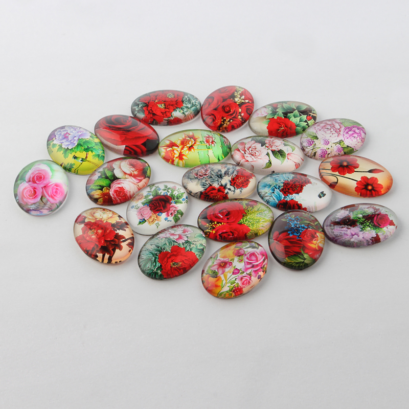 PandaHall Multi-Color Flower Theme Ornaments Glass Oval Flatback Cabochons, Mixed Color, 40x30x7mm Glass Oval Multicolor