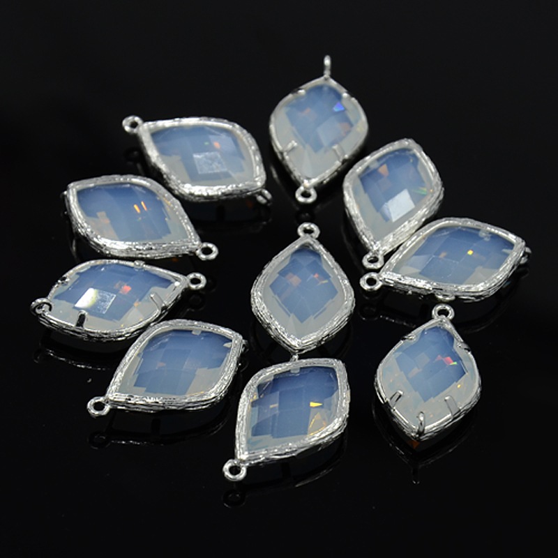 PandaHall Silver Plated Brass Glass Links, Faceted Rhombus, WhiteSmoke, 22x14x6mm, Hole: 1mm Glass Rhombus White