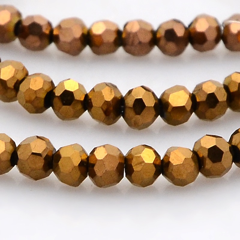 PandaHall Full Plated Glass Faceted Round Spacer Beads Strands, Copper Plated, 3mm, Hole: 1mm; about 100pcs/strand, 11.5" Glass Round