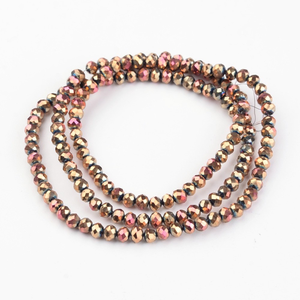 PandaHall Electroplate Glass Bead Strands, Faceted, Rondelle, Rose Gold Plated, 3x2.5mm, Hole: 1mm; about 133pcs/strand, 13'' Glass Rondelle
