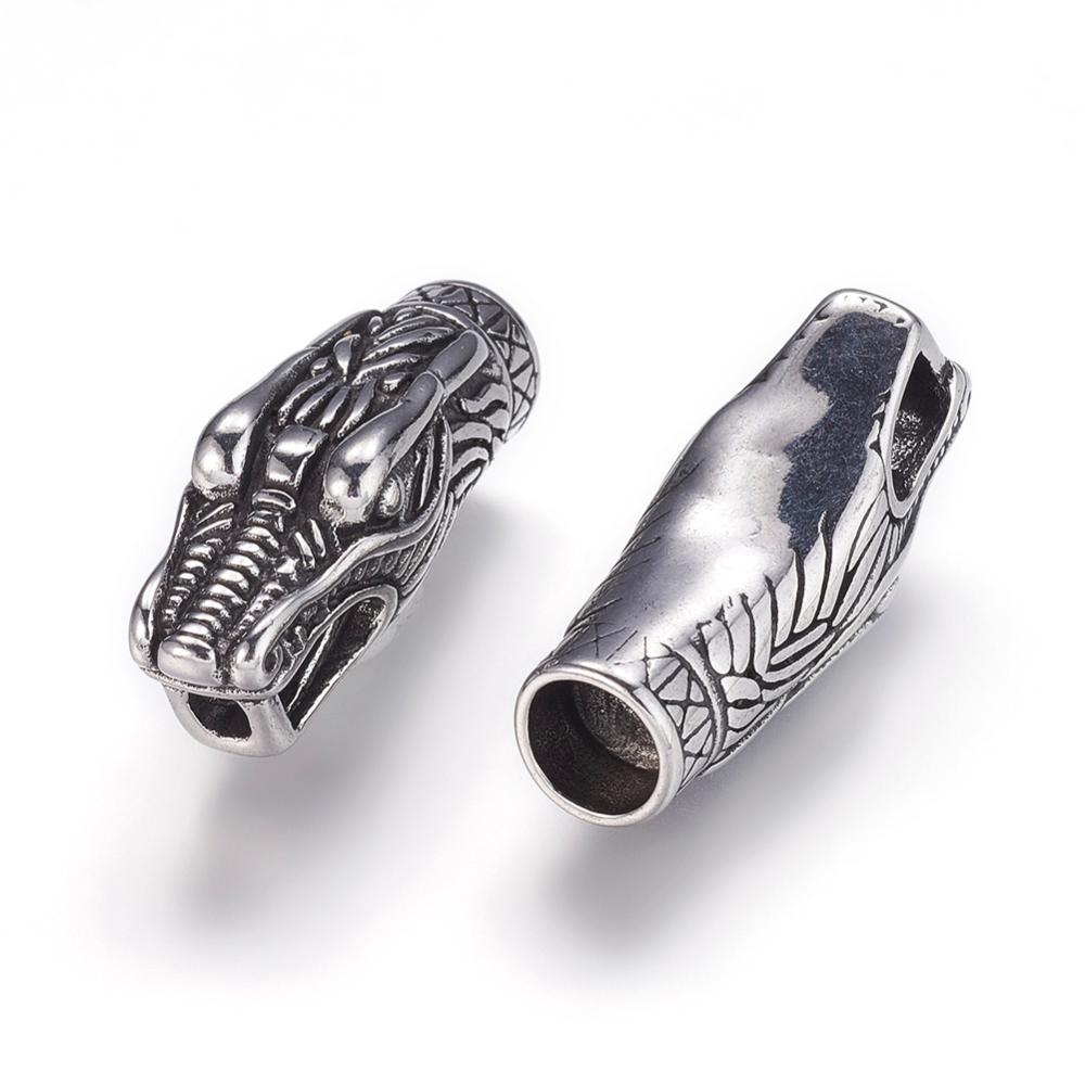PandaHall 304 Stainless Steel Cord Ends, Dragon Head, Antique Silver, 14x38x12mm; Inner Diameter: 8mm Stainless Steel