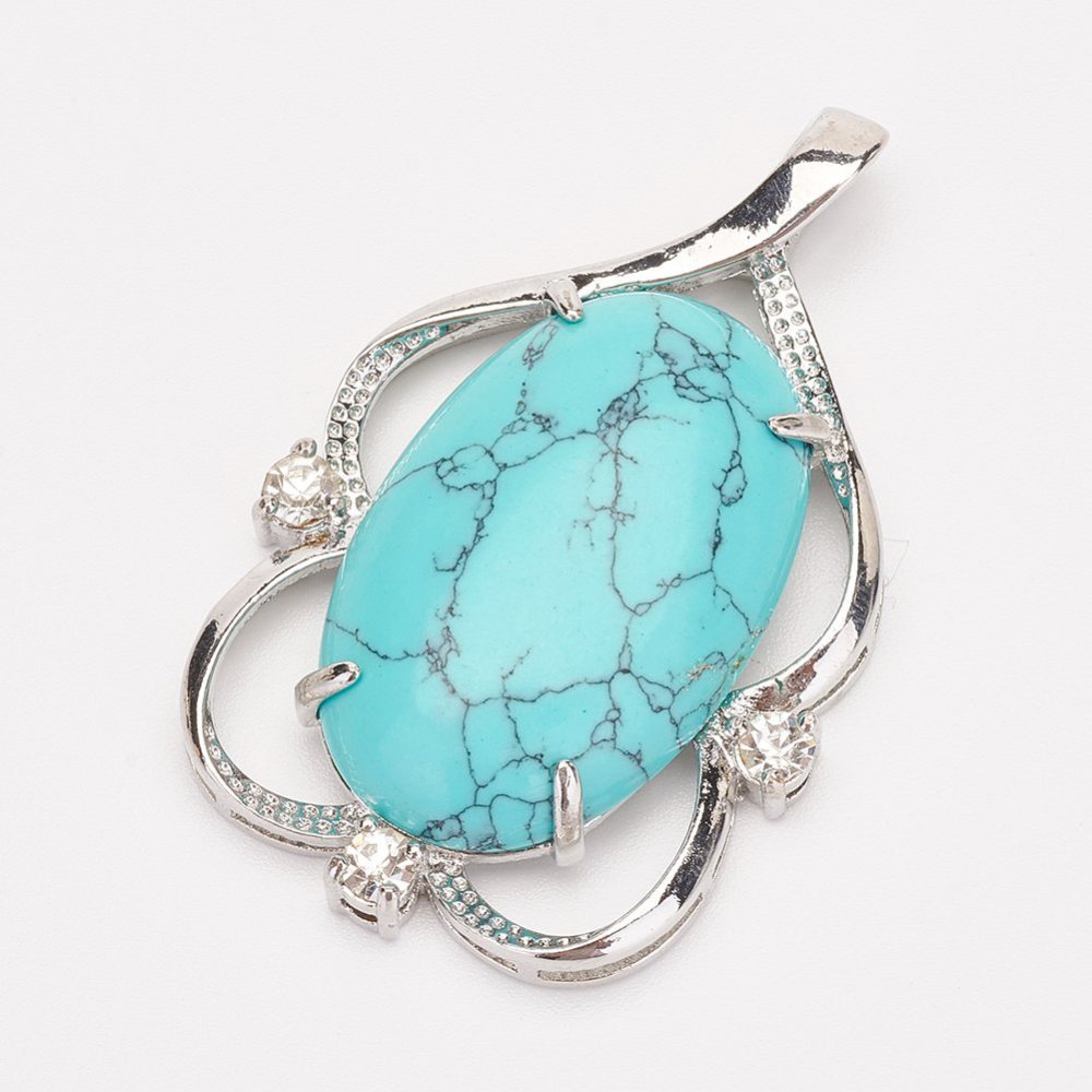 PandaHall Synthetic Turquoise Pendants, Flat Oval, with Brass Findings, Platinum, 48x31x11mm, Hole: 4x6mm Synthetic Turquoise Oval