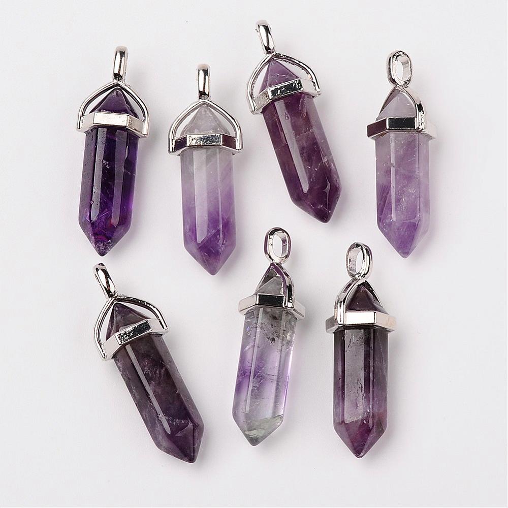 PandaHall Natural Amethyst Pendants, with Brass Findings, Bullet, Platinum, 37~40x12mm, Hole: 3mm Amethyst Bullet