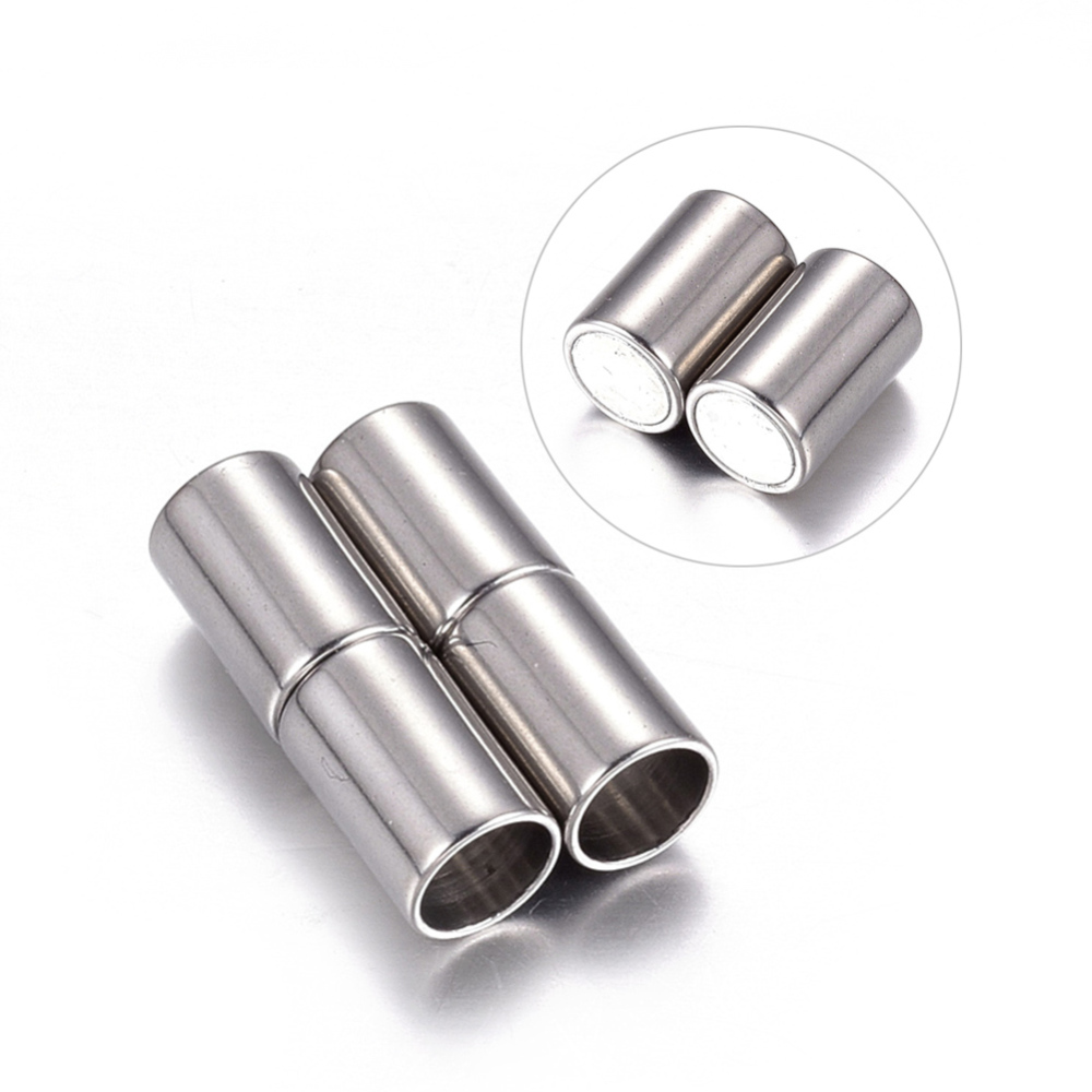 PandaHall Column 304 Stainless Steel Magnetic Clasps, Stainless Steel Color, 15x5mm, Hole: 4mm Stainless Steel Column