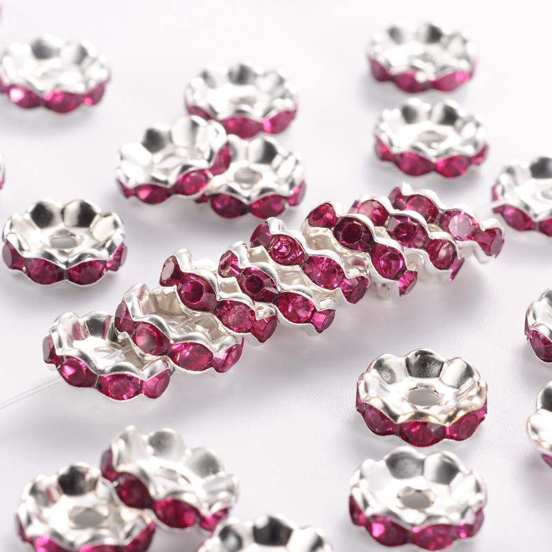 PandaHall Silver Plated Flat Round Brass Acrylic Rhinestone Spacer Beads, Wavy Edge, Fuchsia, 10x4mm, Hole: 2mm Brass+Acrylic Rhinestone...