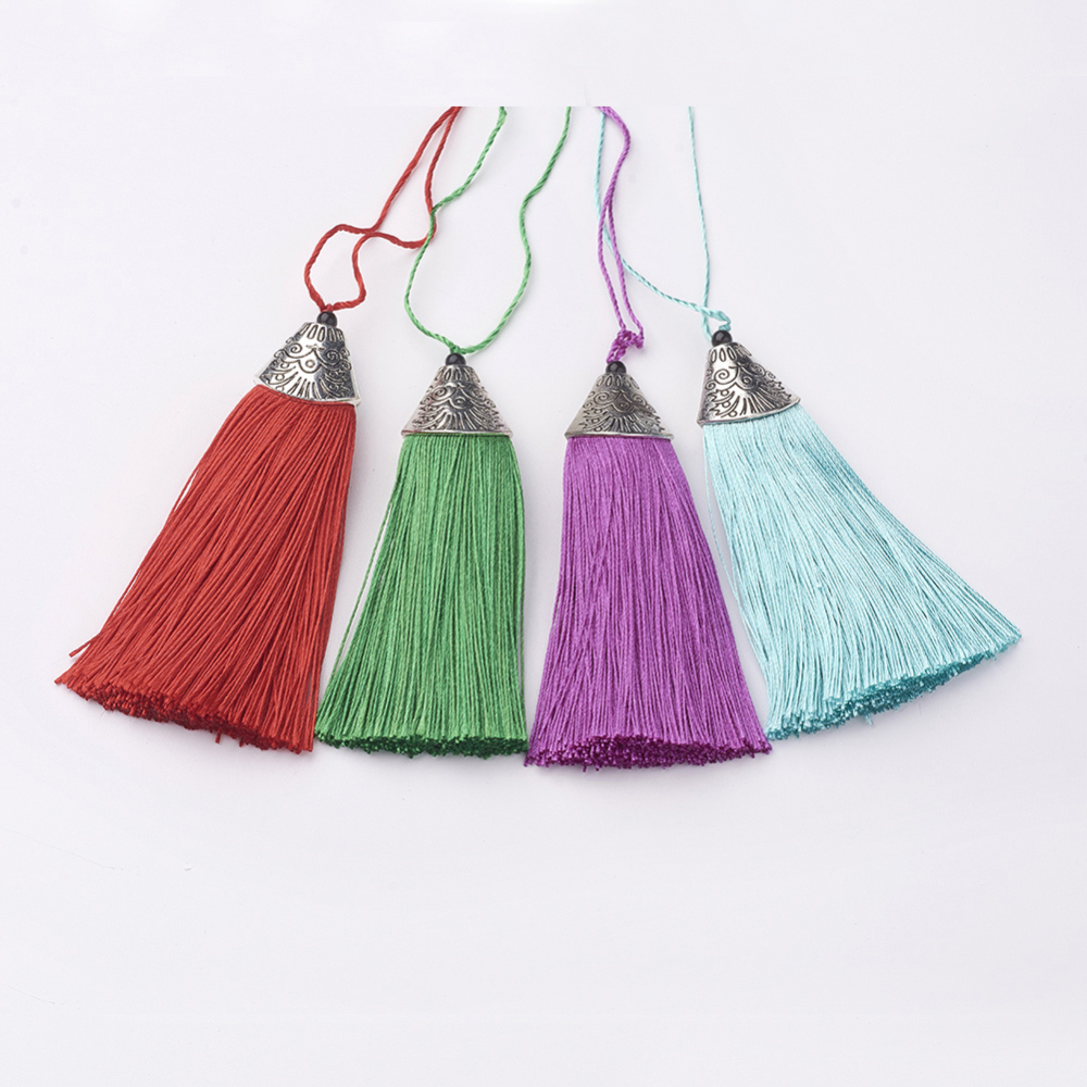 PandaHall Nylon Tassels Big Pendant Decorations, with CCB Plastic, Antique Silver, Mixed Color, 85x20x10.5mm Nylon Multicolor