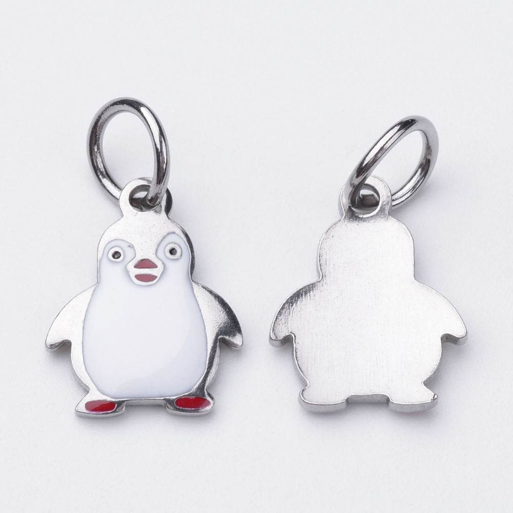 PandaHall 304 Stainless Steel Enamel Pendants, with Jump Ring, Penguin, Stainless Steel Color, 15.4x12x2mm, Hole: 5mm Stainless Steel+Enamel...