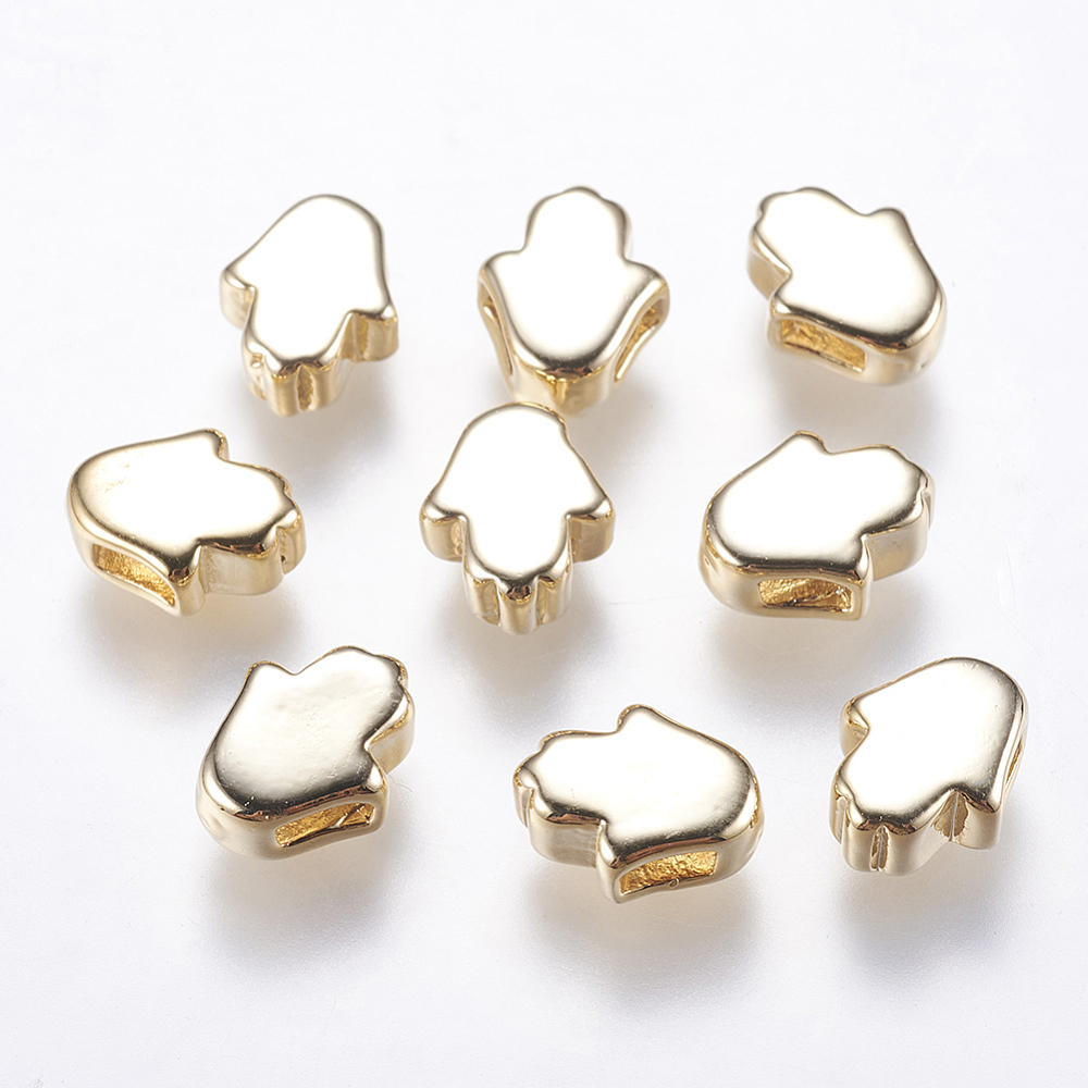 PandaHall Brass Beads, Hamsa Hand, Real Gold Plated, 10x8x4mm, Hole: 2x3mm Brass Palm