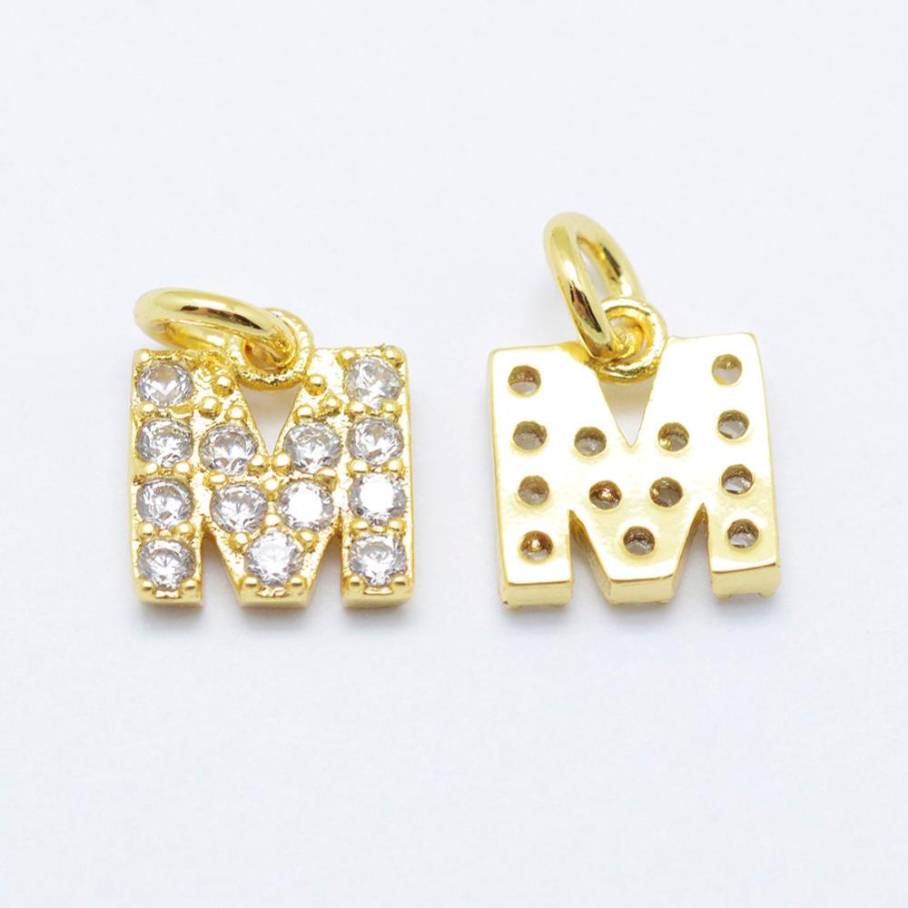 PandaHall Brass Micro Pave Grade AAA Cubic Zirconia Charms, Letter M, Cadmium Free & Nickel Free & Lead Free, Real Gold Plated, 8x7x1.5mm...