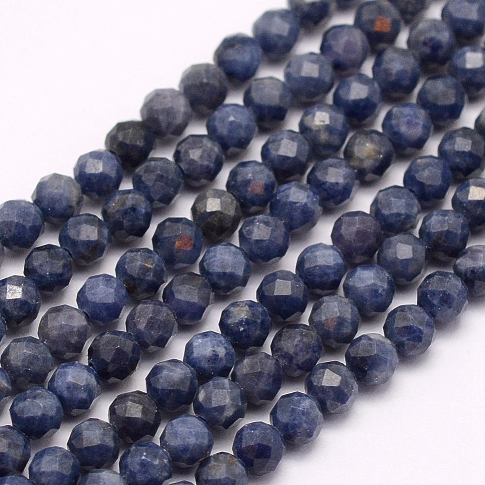 PandaHall Natural Sapphire Beads Strands, Grade A, Faceted, Round, 3mm, Hole: 0.5mm; about 132pcs/strand, 15.7"(40cm) Others Round Blue