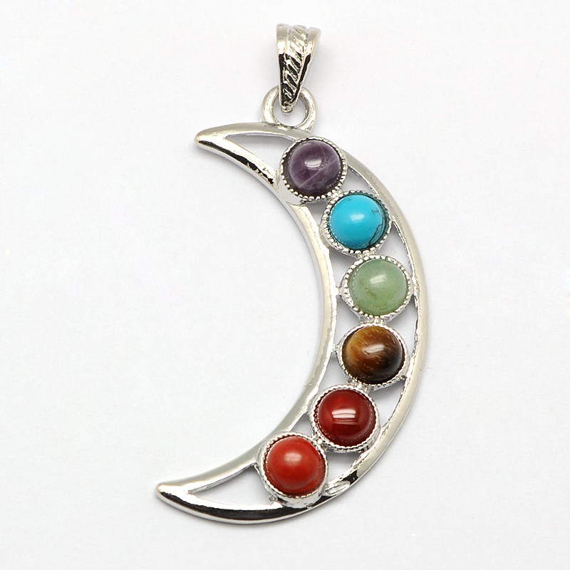 PandaHall Chakra Jewelry Zinc Alloy Bezel Gemstone Big Pendants, Crescent Moon, Platinum Metal Color, Mixed Stone, 60x25x8mm, Hole: 7x4mm...