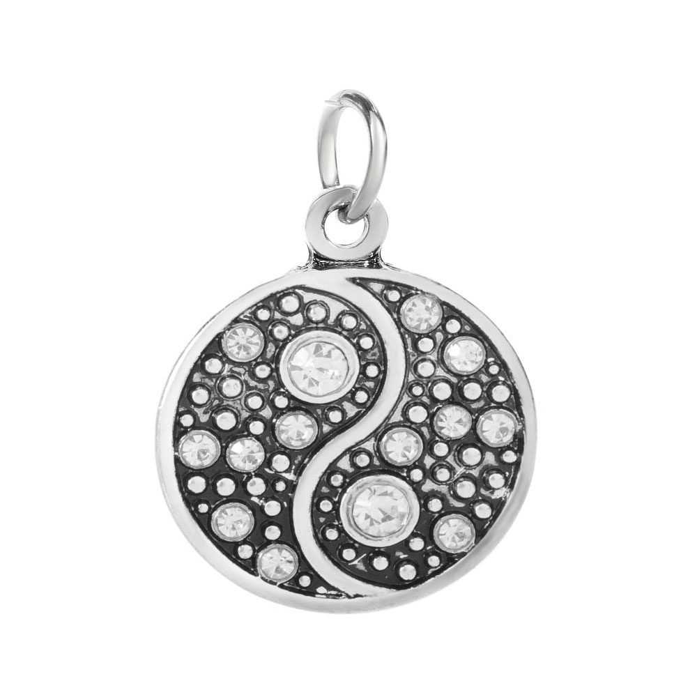 PandaHall Alloy Rhinestones Pendants, Flat Round with Yin Yang, Antique Silver, 23x19.5x2mm, Hole: 5mm Alloy+Rhinestone Flat Round