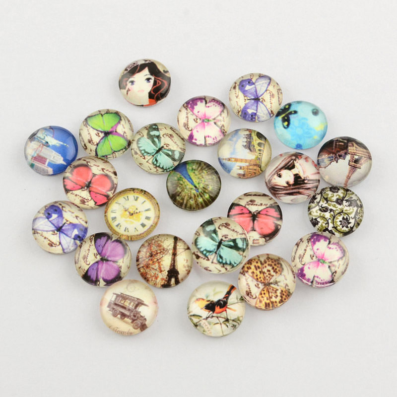PandaHall Mixed Printed Glass Cabochons, Half Round/Dome, 12x5~6mm Glass Half Round Multicolor