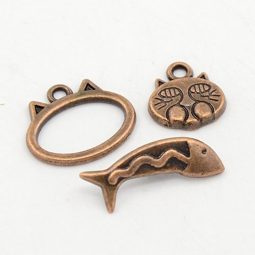PandaHall Tibetan Style Toggle Clasps, Lead Free & Cadmium Free, Animal Closure, Red Copper, Oval: 18mm wide, 15mm long, Cat: 12.5mm wide...