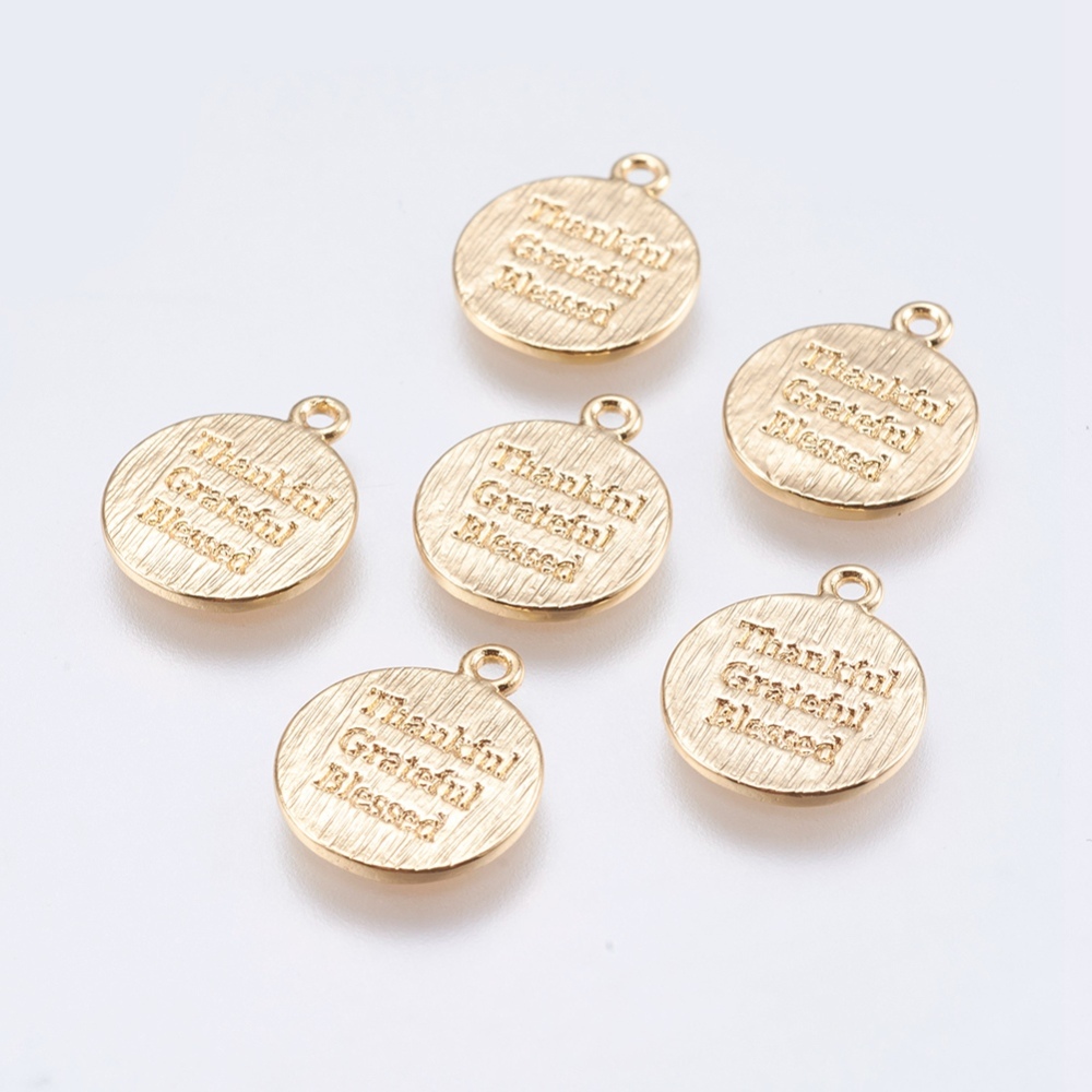 PandaHall Brass Quote Charms, Flat Round with Word Thankful Grateful Blessed, Real Gold Plated, 13x12x0.8mm, Hole: 1.2mm Brass Flat Round