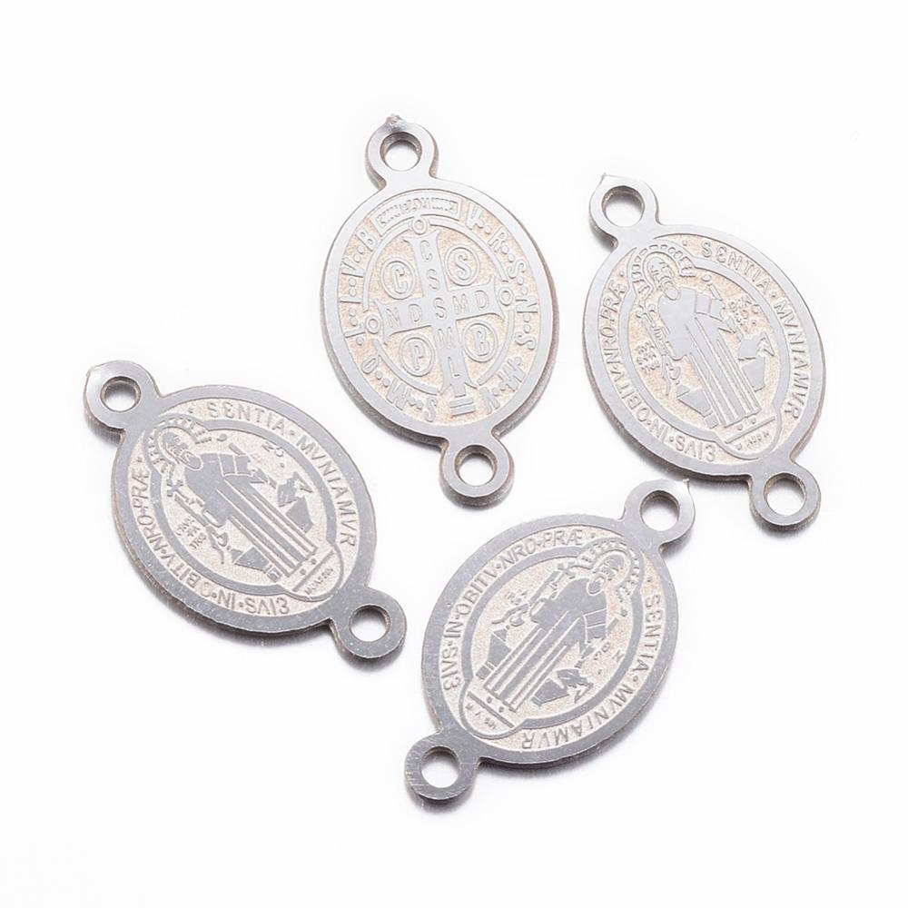 PandaHall 304 Stainless Steel Links, Oval with Saint Benedict, Stainless Steel Color, 16x9x0.8mm, Hole: 1mm Stainless Steel Oval