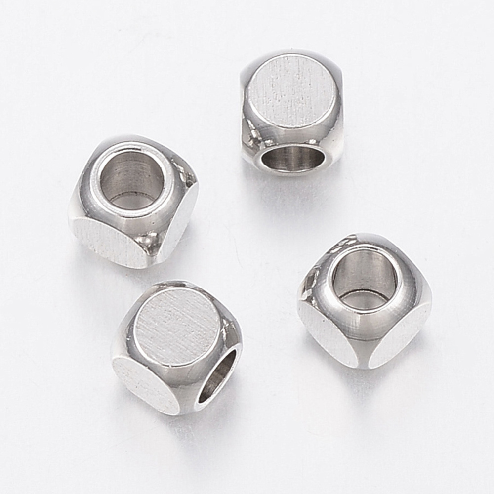 PandaHall 304 Stainless Steel Beads, Cube, Stainless Steel Color, 4x4x4mm, Hole: 2.5mm Stainless Steel Cube