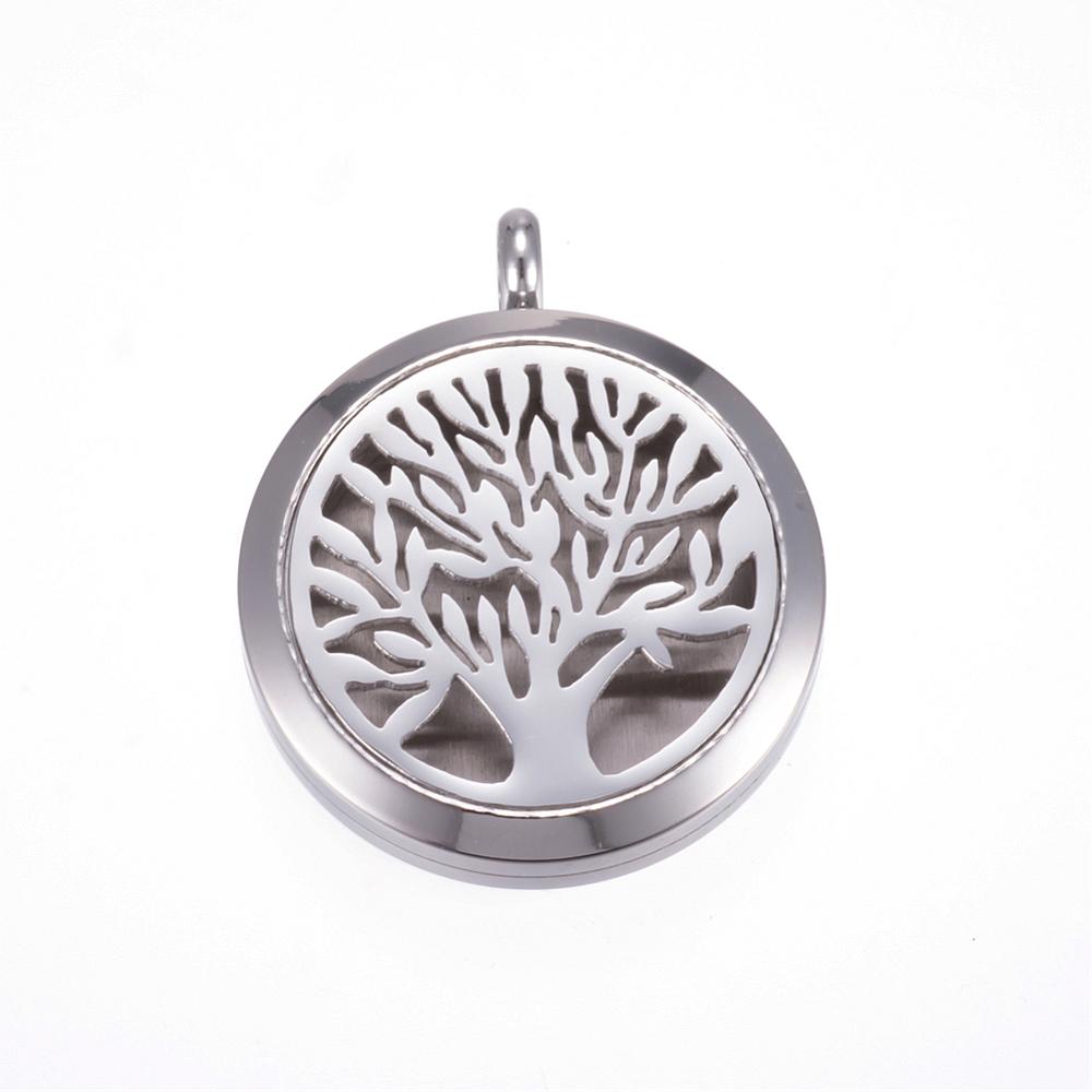 PandaHall 316 Stainless Steel Diffuser Locket Pendants, with Magnetic Clasp, Flat Round with Tree, Stainless Steel Color, 36.5x30x8mm, Hole...