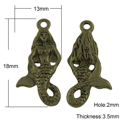 PandaHall Tibetan Style Pendants, Lead Free & Cadmium Free & Nickel Free, Mermaid, Antique Bronze, 28x13.00x3.50mm, Hole: 2.00mm Alloy Fish