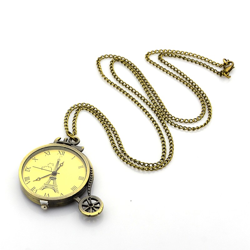 PandaHall Alloy Flat Round with Eiffel Tower Pendant Necklace Quartz Pocket Watch, with Iron Chains and Lobster Claw Clasps, Antique Bronze...