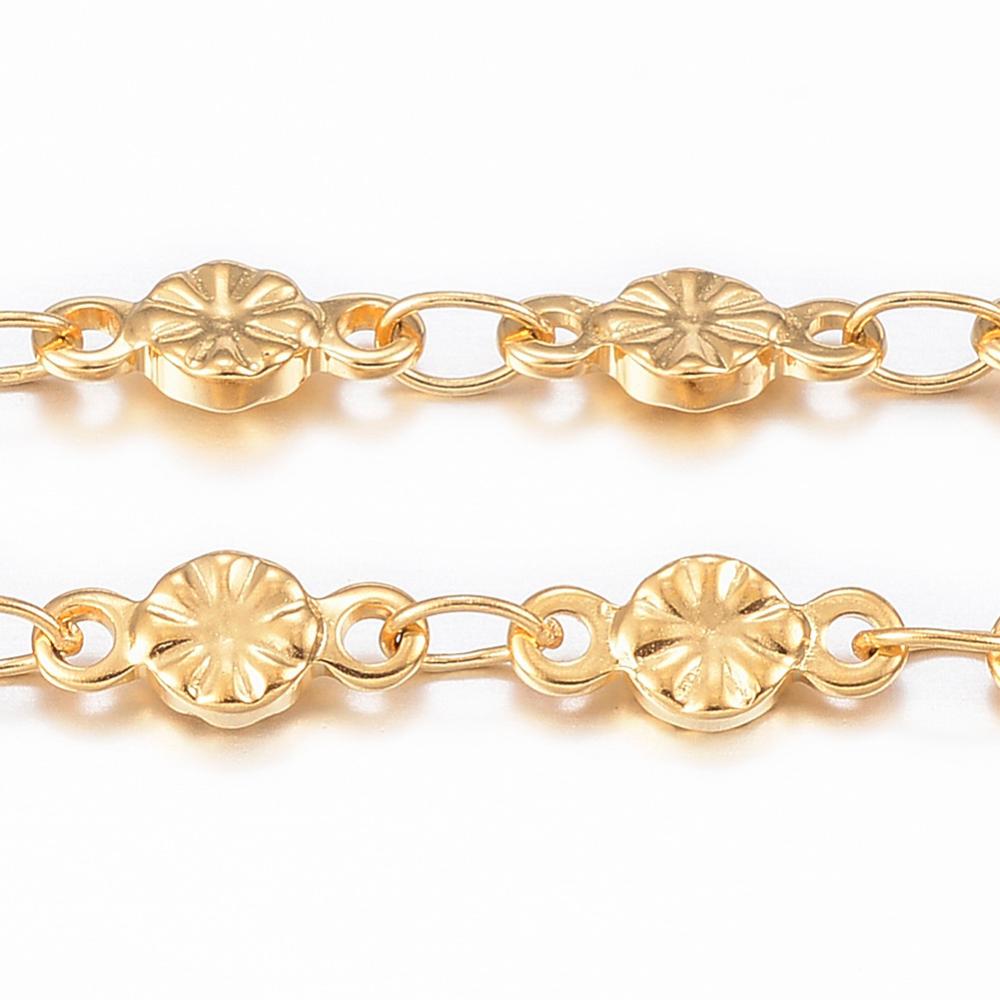 PandaHall 304 Stainless Steel Link Chains, with Spool, Flat Round with Flower, Golden, 8x3.5x1.2mm; about 10m/roll Stainless Steel