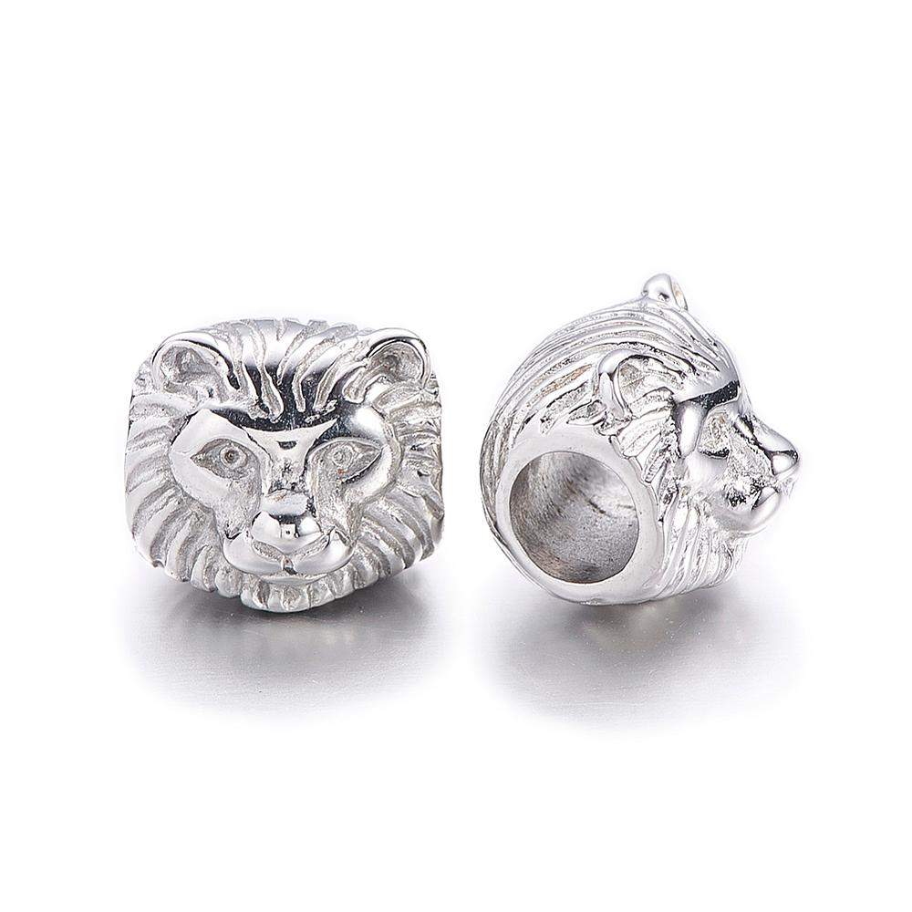 PandaHall 304 Stainless Steel European Beads, Lion, Stainless Steel Color, 11x11x10mm, Hole: 5mm Stainless Steel Lion