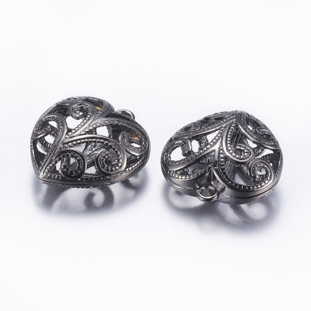 PandaHall Heart Brass Pendants, Hollow, Nickel Free, Gunmetal, about 30.5mm long, 28mm wide, 14mm thick, hole: 3mm Brass Heart