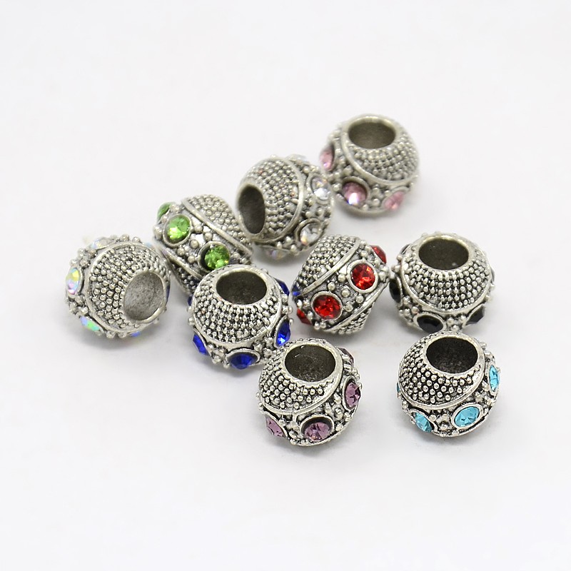 PandaHall Antique Silver Zine Alloy Pave Grade A Rhinestone European Beads, Rondelle, Mixed Color, 11x9mm, Hole: 5mm Alloy+Rhinestone...