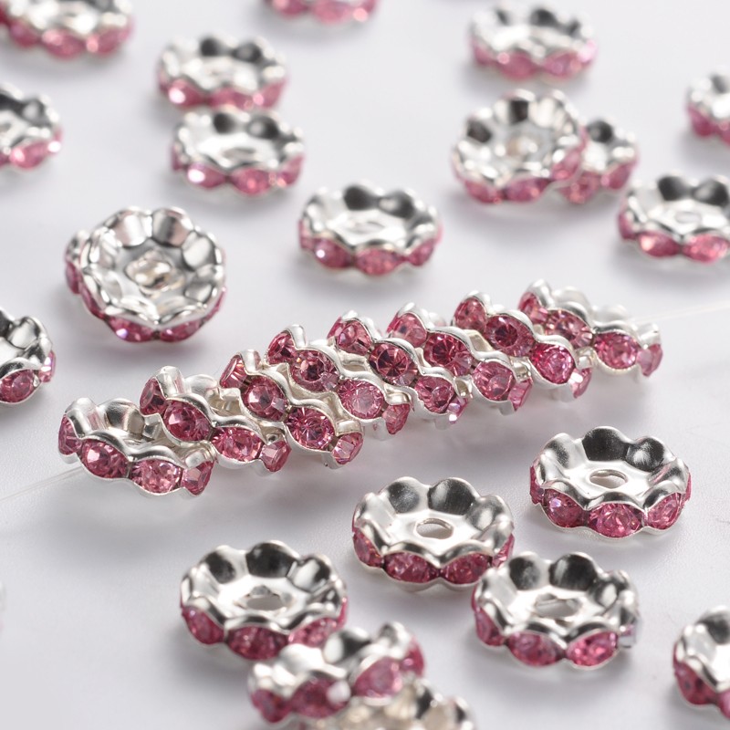 PandaHall Silver Plated Flat Round Brass Acrylic Rhinestone Spacer Beads, Wavy Edge, PearlPink, 10x4mm, Hole: 2mm Brass+Acrylic Rhinestone...