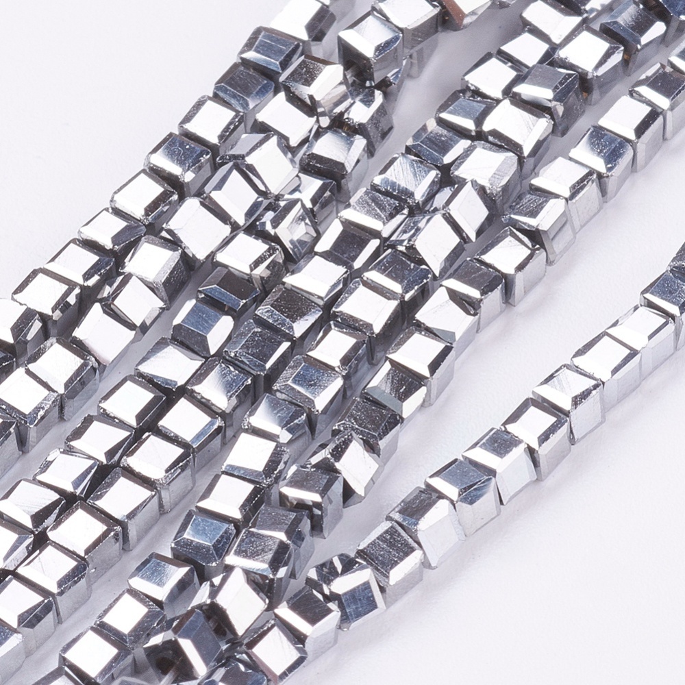 PandaHall Electroplate Crystal Glass Faceted Cube Beads Strands, Full Plated, Platinum Plated, 2x2x2mm, Hole: 1mm; about 101pcs/strand, 9"...