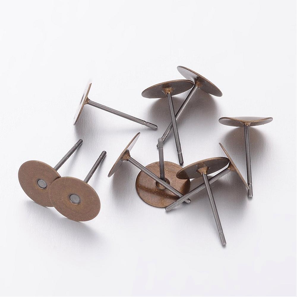PandaHall Ear Stud Posts, Brass Head and Stainless Steel Pin, Lead Free and Cadmium Free, Antique Bronze, Tray: 8mm; Pin: 10mm Brass