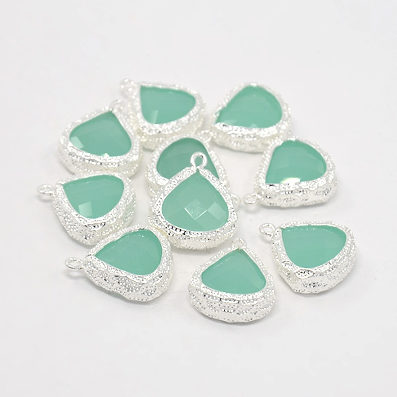 PandaHall Silver Plated Brass Glass Pendants, Faceted Triangle Charms, PaleTurquoise, 19x16x6mm, Hole: 1mm Brass+Glass Triangle Cyan
