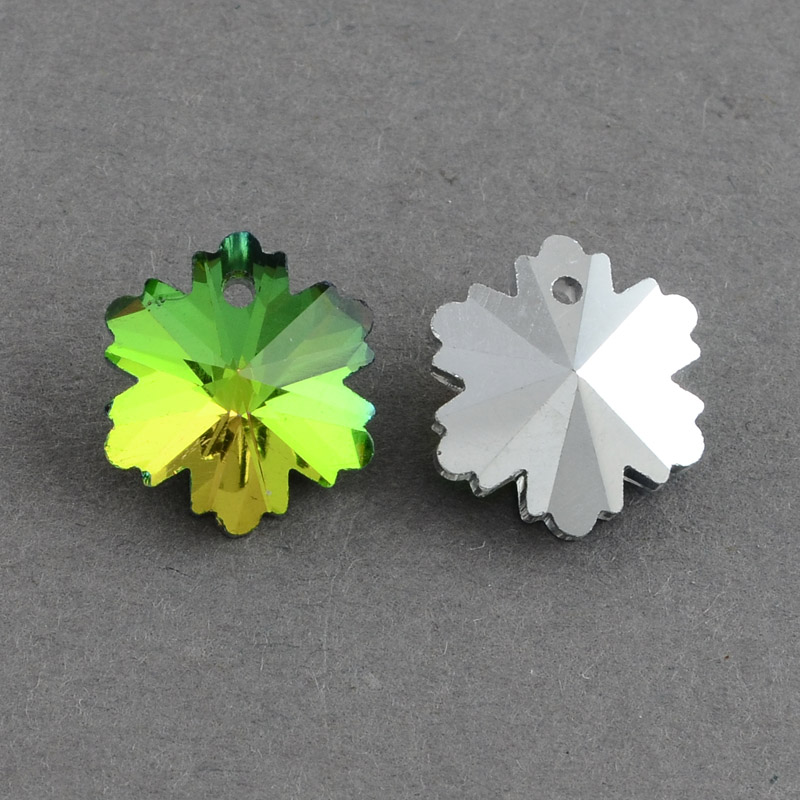 PandaHall Smowflake Electroplated Glass Pendants, Silver Plated Bottom, Faceted, Colorful, 14x12x8mm, Hole: 1mm Glass Snowflake