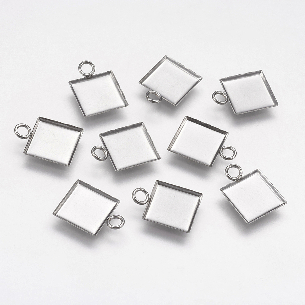 PandaHall 304 Stainless Steel Pendant Cabochon Settings, Square, Stainless Steel Color, Tray: 10x10mm; 15x11x1.5mm, Hole: 2.5mm Stainless...