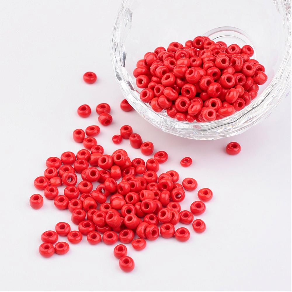 PandaHall 6/0 Opaque Colours Round Glass Seed Beads, Red, Size: about 4mm in diameter, hole:1.5mm, about 495pcs/50g Glass Red